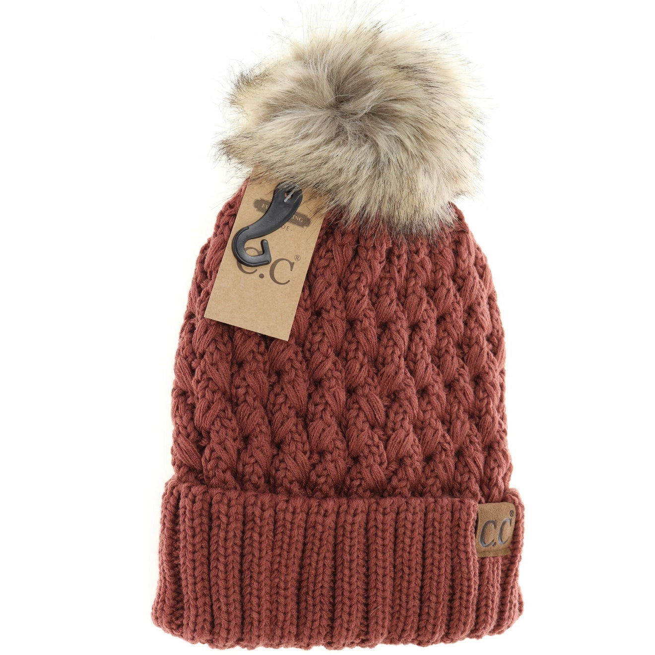 C.C. Solid Lattice Stitch Fur Pom Beanie