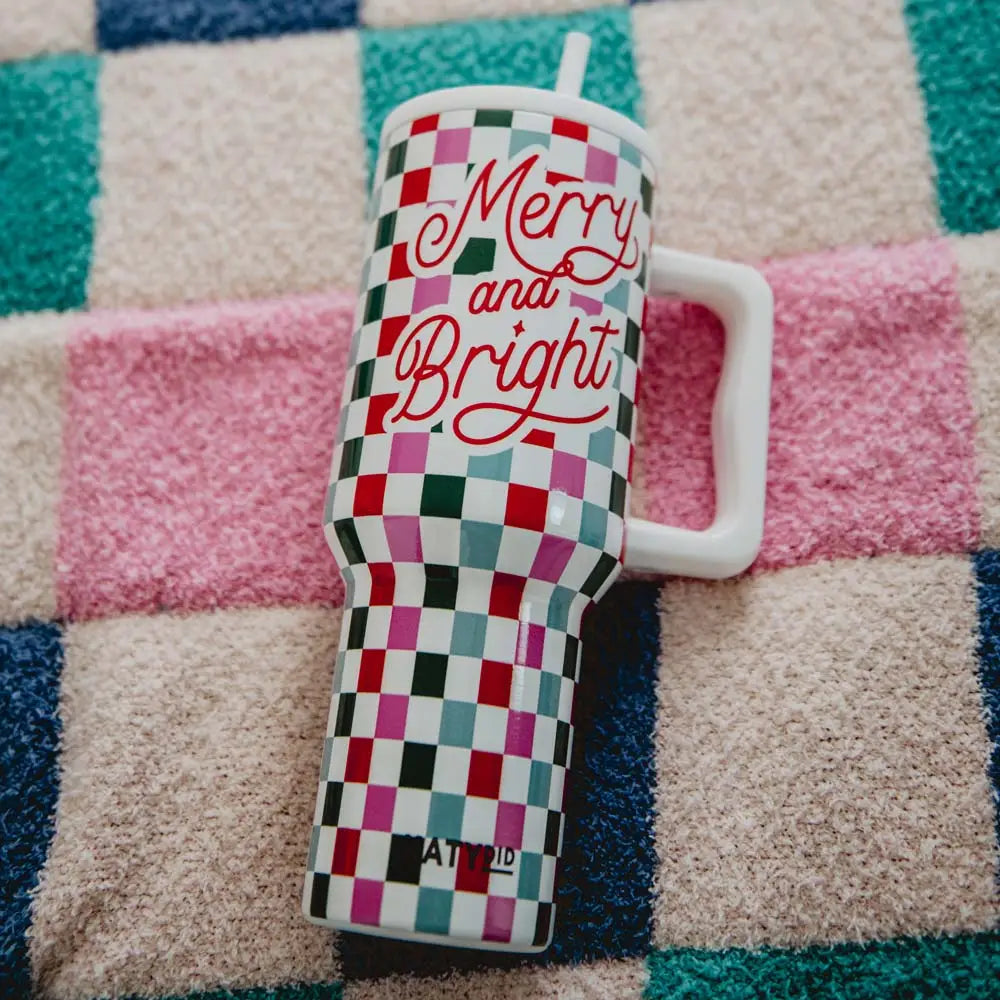 Merry and Bright Checkered Christmas Tumbler with Handle