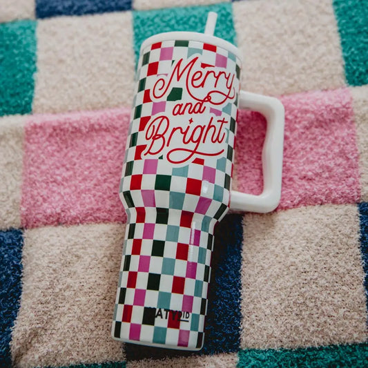 Merry and Bright Checkered Christmas Tumbler with Handle