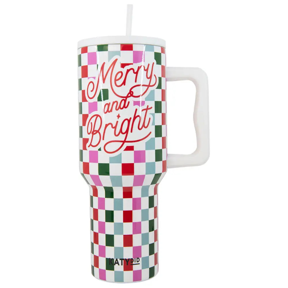 Merry and Bright Checkered Christmas Tumbler with Handle