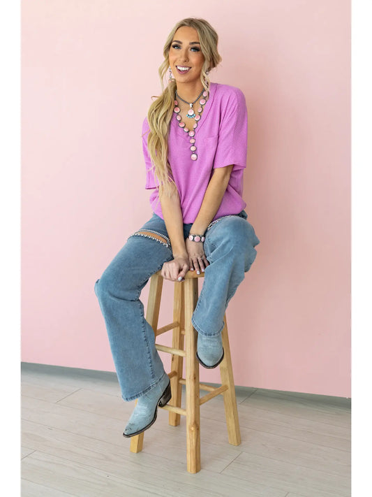 Magenta Glow Waffle V-Neck Top