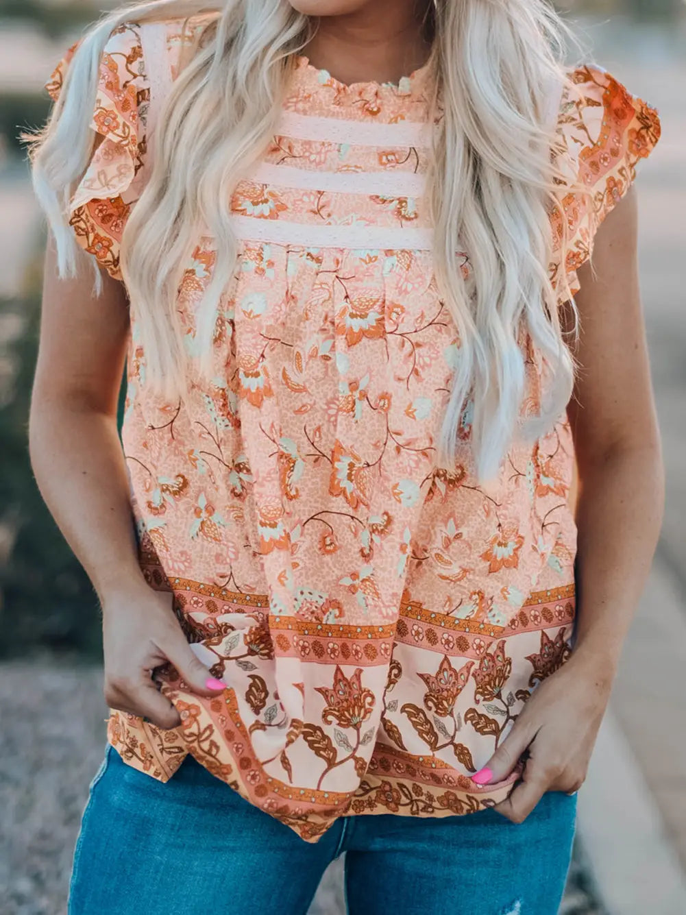 Orange Floral Print Ruffled Top