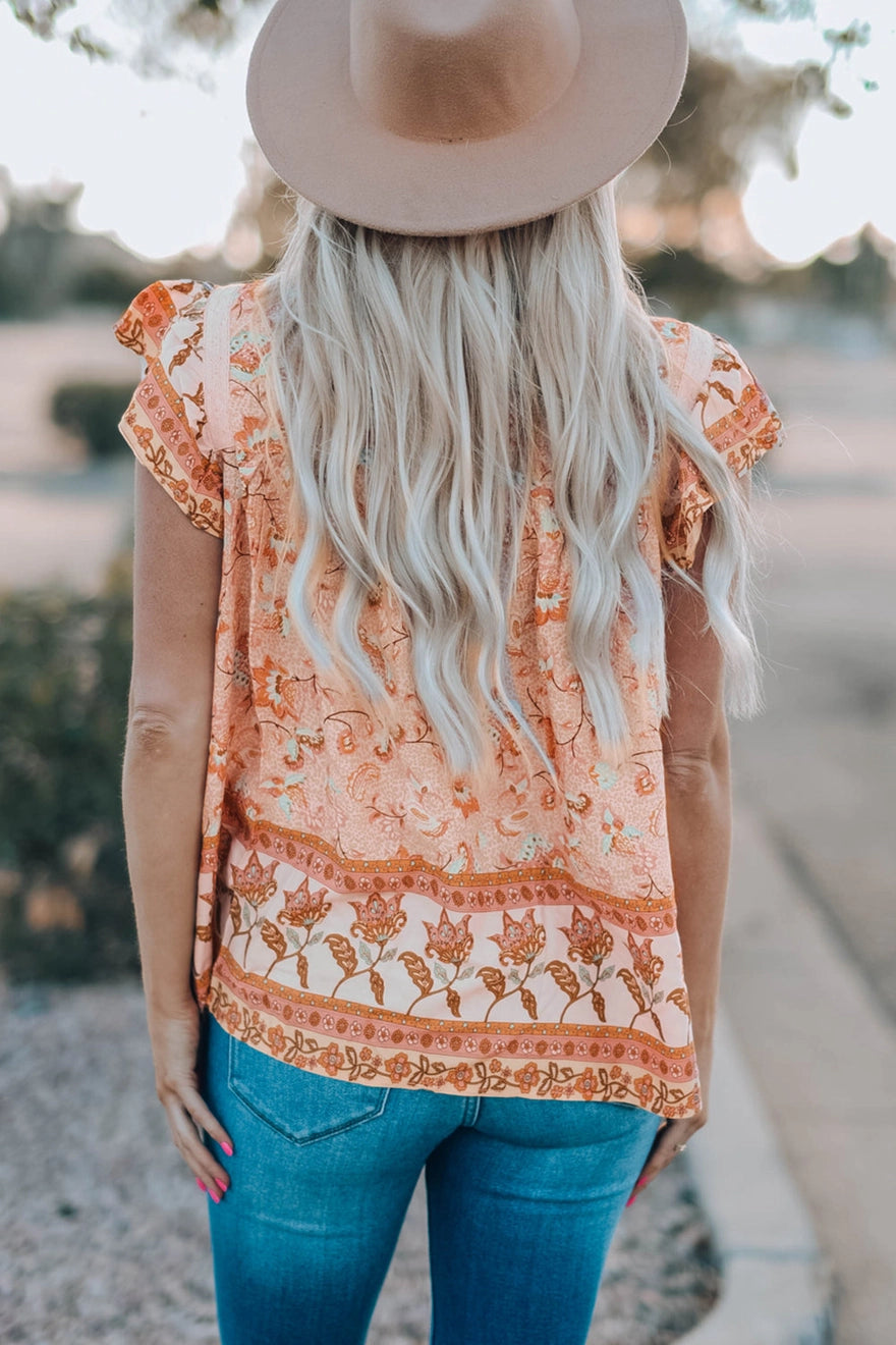 Orange Floral Print Ruffled Top