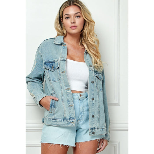 Oversized Medium Wash Distressed Denim Jacket - Plus Size