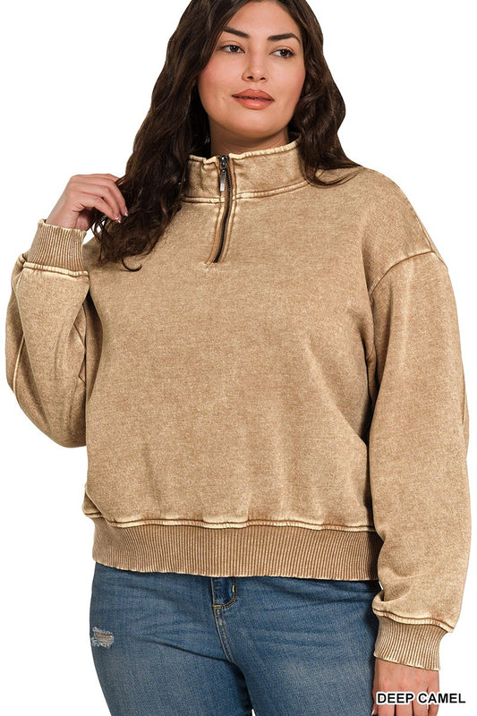 ZENANA Acid Wash Quarter Zip Pullover Deep Camel