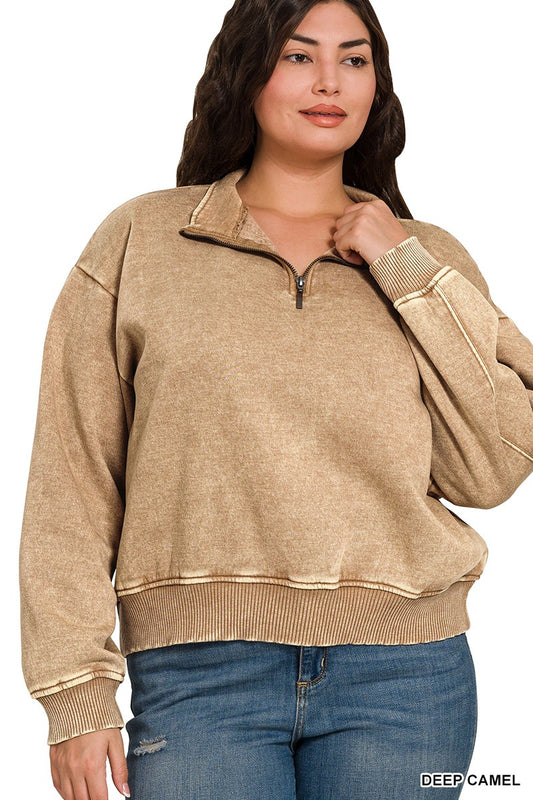 ZENANA Acid Wash Quarter Zip Pullover Deep Camel