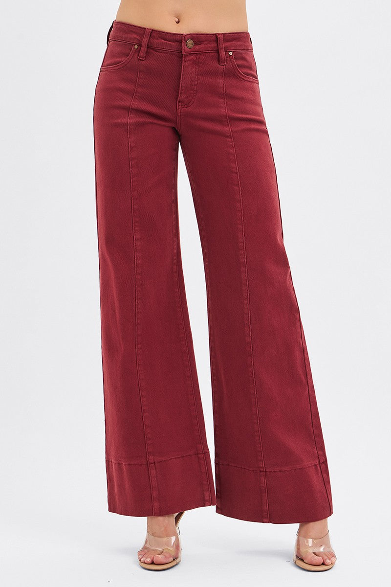 Risen Wine Tummy Control Mid Rise Wide Leg Jeans