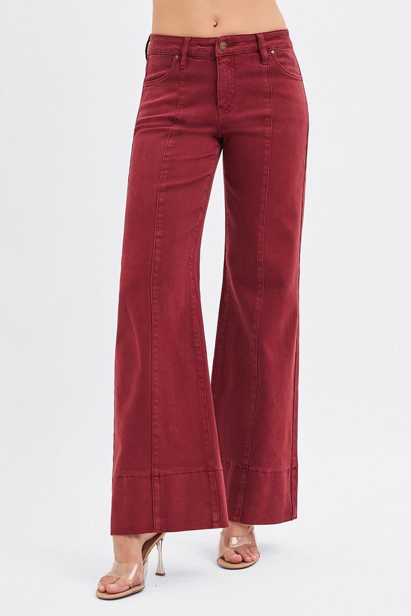 Risen Wine Tummy Control Mid Rise Wide Leg Jeans