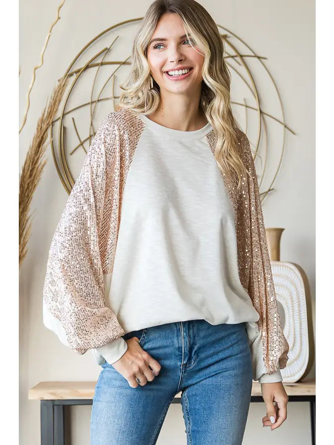 Sequin Sleeve Oversized Top