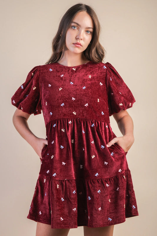 Serena Bow Embroidery Velvet Mini Dress