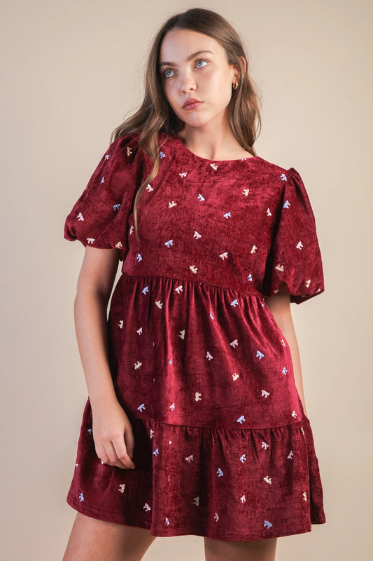 Serena Bow Embroidery Velvet Mini Dress