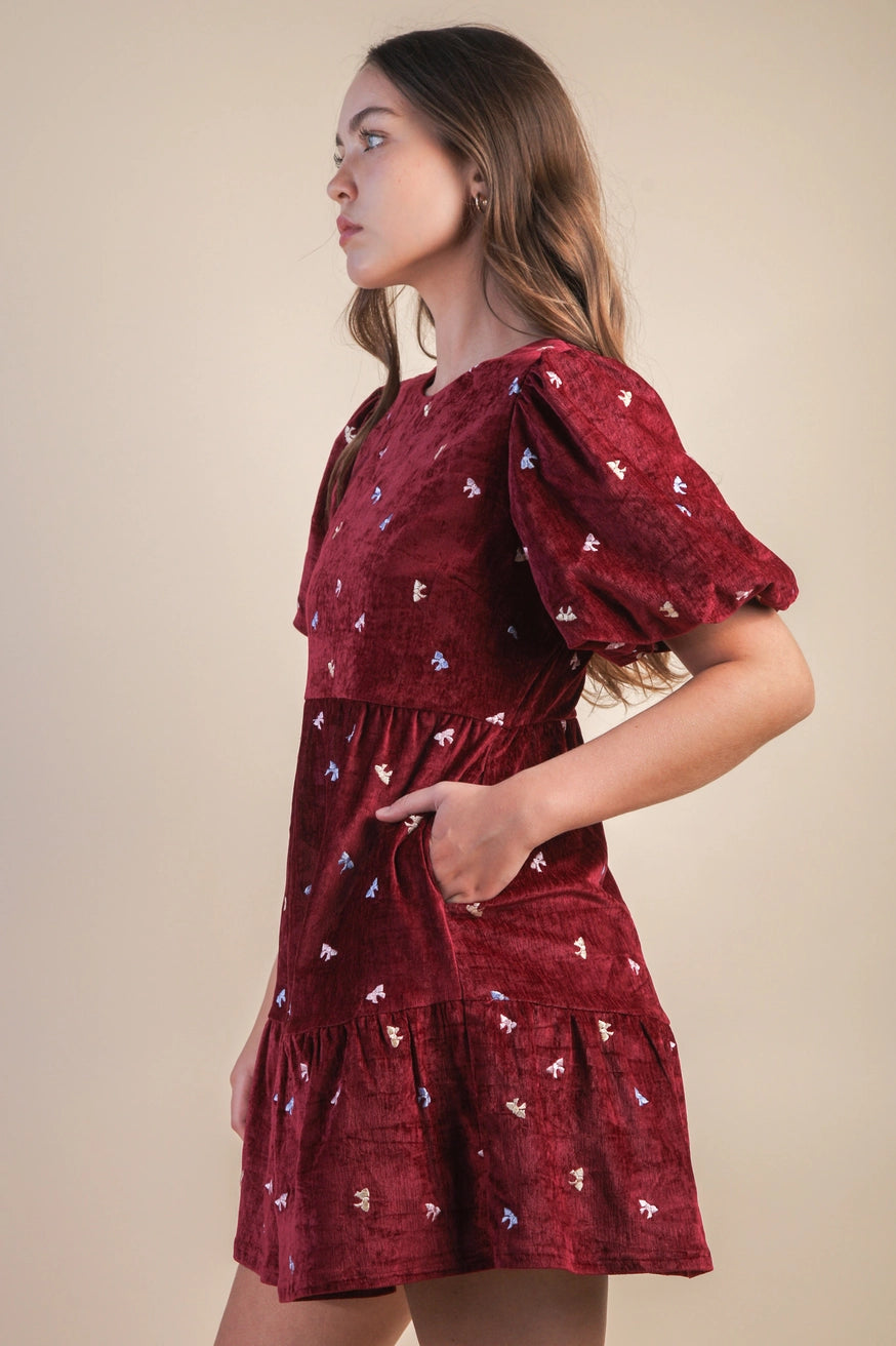 Serena Bow Embroidery Velvet Mini Dress