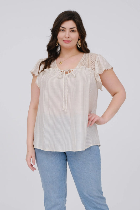 Sophie Striped Lace Yolk Short Sleeve Top