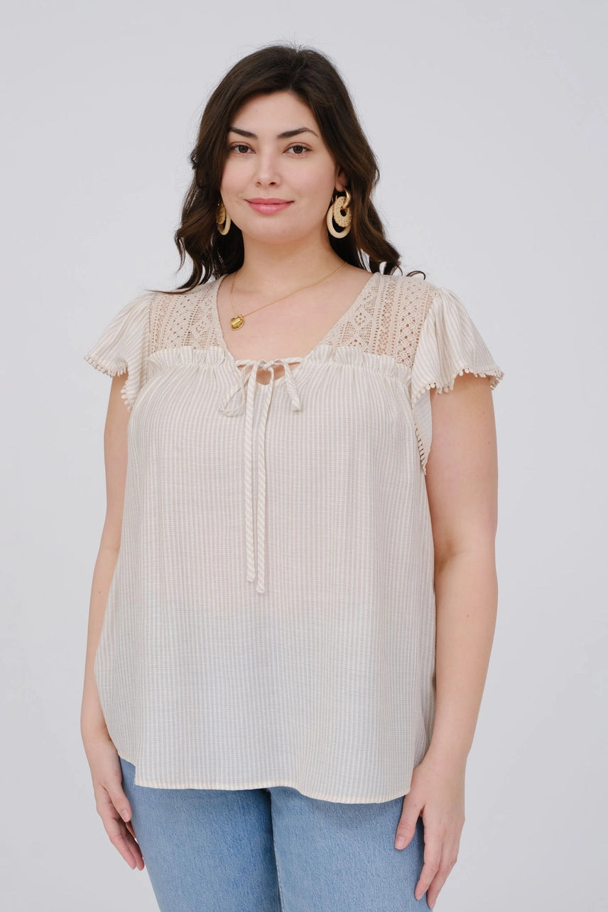 Sophie Striped Lace Yolk Short Sleeve Top