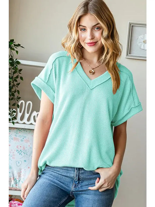 Urban Ribbed V-Neck Top - MULTIPLE COLORS