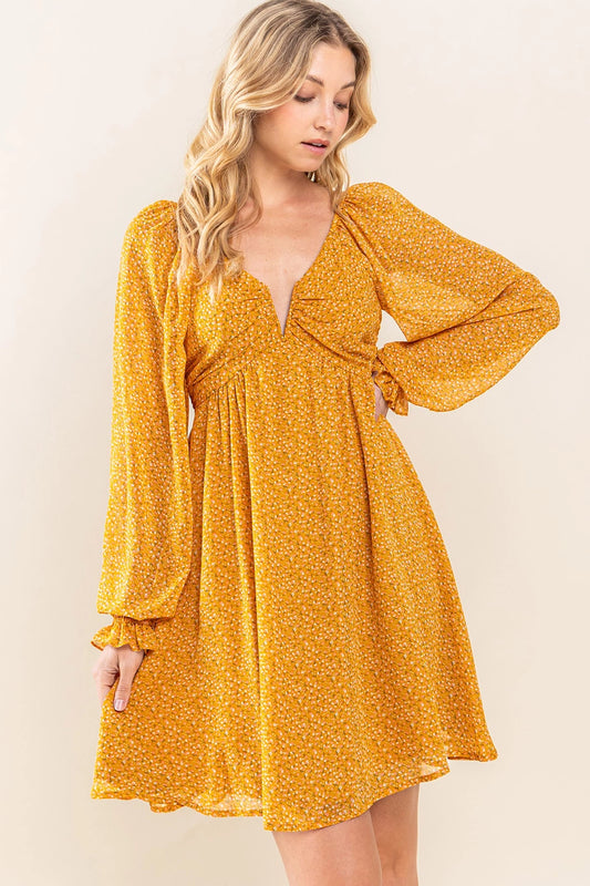 Yellow Floral Chiffon Flare Dress with Open Back