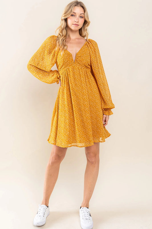 Yellow Floral Chiffon Flare Dress with Open Back